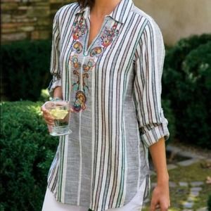 Soft Surroundings Aruba Blue Size M Striped Embroidery Pullover Tunic Top